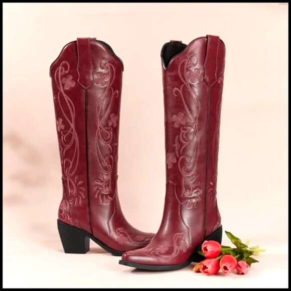 Knee High Cowboy Boots Floral Embroidered Chunky Heel Vintage Western - Picture 5 of 7